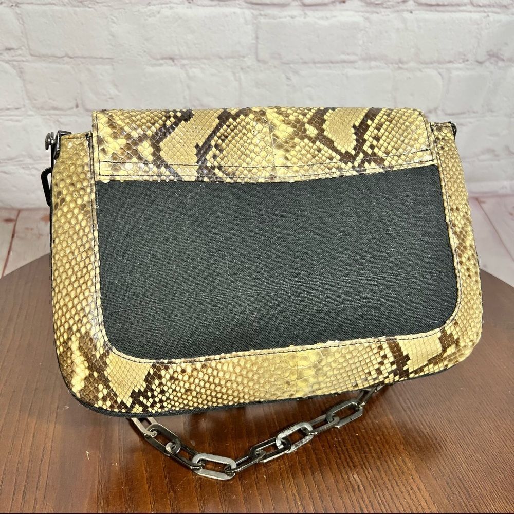 STUART WEITZMAN PYTHON SNAKESKIN & linen shoulder bag gunmetal chain strap - Picture 4 of 12